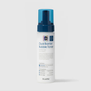 Dr.esthé Dual Barrier Bubble Toner 195ml foam pump bottle with blue cap for all skin types with 7 hyaluronic acids, ceramide NP, and silverweed extract for dry dehydrated and damaged barrier skin