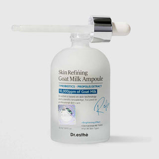 Dr.esthé Skin Refining Goat Milk Ampoule 50ml frosted glass bottle with open dropper showing 10000ppm goat milk, 7 probiotics, and propolis extract for brightening all skin types