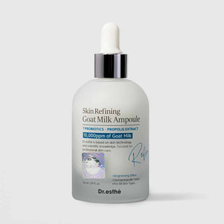 Dr.esthé Skin Refining Goat Milk Ampoule 50ml frosted glass dropper bottle with 10000ppm goat milk, 7 probiotics, and propolis extract for brightening all skin types