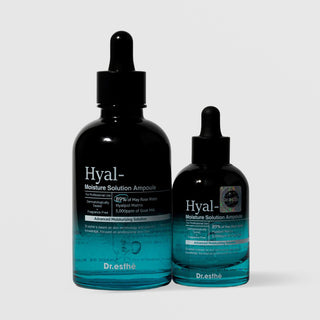 Dr.esthé Hyal-Moisture Solution Ampoule 150ml and 52ml sizes shown together fragrance-free advanced moisturizing ampoule with 89% may rose water, Hyalpol Matrix, and 5000ppm goat milk