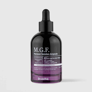 Dr.esthé M.G.F. Renewal Solution Ampoule 52ml purple glass dropper bottle with 89% snail secretion filtrate, 4GF Complex, peptide complex, and 5000ppm goat milk for advanced regenerating