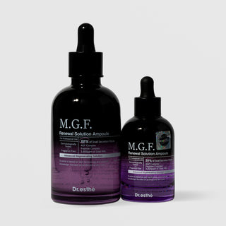Dr.esthé M.G.F. Renewal Solution Ampoule 150ml and 52ml sizes shown together fragrance-free advanced regenerating ampoule with snail secretion filtrate, 4GF Complex, peptide complex, and 5000ppm goat milk
