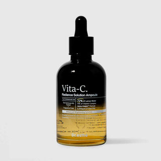 Dr.esthé Vita-C Radiance Solution Ampoule 150ml amber glass dropper bottle with 72% lemon water, 14% vitamin complex, Alpha-Melight formula, and 5000ppm goat milk for advanced brightening