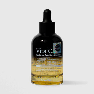 Dr.esthé Vita-C Radiance Solution Ampoule 50ml amber glass dropper bottle with 71% lemon water, 10% vitamin complex, Alpha-Melight formula, and 5000ppm goat milk for advanced brightening