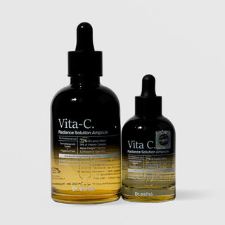 Dr.esthé Vita-C Radiance Solution Ampoule 150ml and 50ml sizes shown together fragrance-free advanced brightening ampoule with lemon water, vitamin complex, Alpha-Melight formula, and 5000ppm goat milk