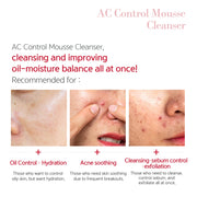 Dr.esthe AC Control Mousse Cleanser benefits infographic showing three skin concerns: oil control and hydration for oily skin, acne soothing for frequent breakouts, and cleansing sebum control and exfoliation