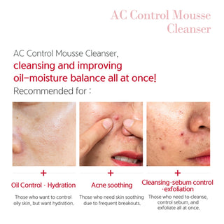 Dr.esthe AC Control Mousse Cleanser benefits infographic showing three skin concerns: oil control and hydration for oily skin, acne soothing for frequent breakouts, and cleansing sebum control and exfoliation