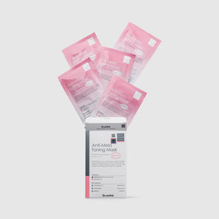 Dr.esthe Anti-Mela Toning Mask 5-pack box with individual pink foil packets fanned out, hyperpigmentation brightening sheet masks with Niacinamide Tranexamic Acid and Glutathione
