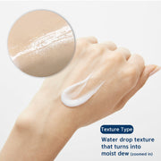 Dr.esthe Aqua Infusion Water Drop cream swatched on back of hand showing lightweight water drop texture that absorbs into moist dew finish, with closeup inset on light background