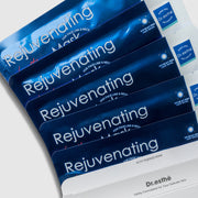 Dr.esthe Rejuvenating Lifting PDRN Mask five blue foil packets fanned out from box, full face lifting sheet mask for face line and neck on light gray background