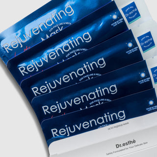 Dr.esthe Rejuvenating Lifting PDRN Mask five blue foil packets fanned out from box, full face lifting sheet mask for face line and neck on light gray background