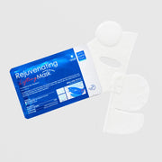 Dr.esthe Rejuvenating Lifting PDRN Mask blue foil packet shown with unfolded full face and jawline neck sheet mask pieces, anti-aging lifting mask for restoring skin resilience