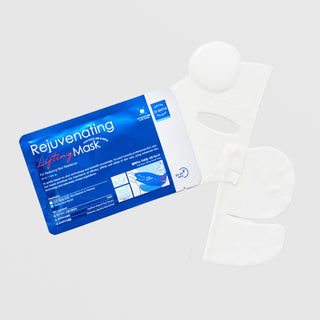 Dr.esthe Rejuvenating Lifting PDRN Mask blue foil packet shown with unfolded full face and jawline neck sheet mask pieces, anti-aging lifting mask for restoring skin resilience