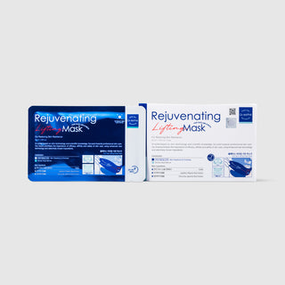  Dr.esthe Rejuvenating Lifting PDRN Mask blue foil single packet beside 5-pack box, anti-aging full face and neck lifting sheet mask with PDRN and Lepidium Meyenii Root Extract