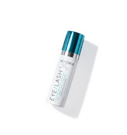 Eyelash serum bottle with blue cap on a white background