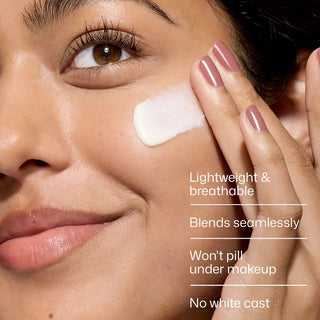 EltaMD UV Clear Untinted SPF 46 applied to face, lightweight mineral sunscreen, no white cast, blends under makeup