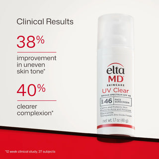 EltaMD UV Clear Untinted SPF 46 clinical results: 38% improvement in uneven skin tone, 40% clearer complexion