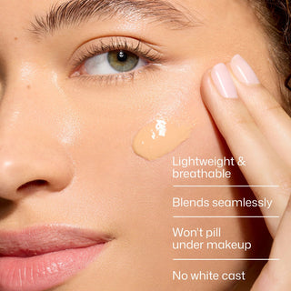 EltaMD UV Clear Tinted SPF 46 applied to face, lightweight tinted mineral sunscreen, no white cast, blends under makeup