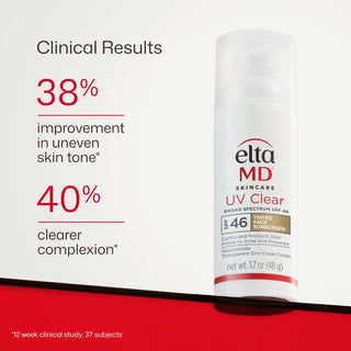 EltaMD UV Clear Tinted SPF 46 clinical results: 38% improvement in uneven skin tone, 40% clearer complexion