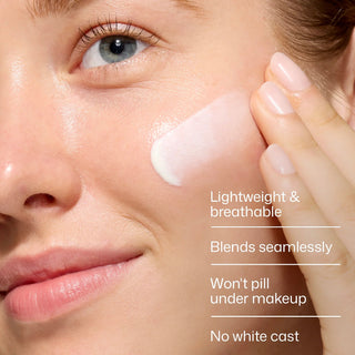 EltaMD UV Skin Recovery SPF 50 being applied to face, lightweight mineral sunscreen with no white cast that blends under makeup without pilling