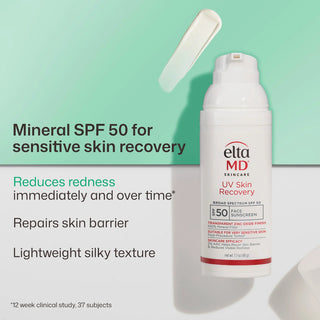 EltaMD UV Skin Recovery SPF 50 zinc oxide mineral sunscreen that reduces redness, repairs skin barrier, and is safe for post-procedure skin
