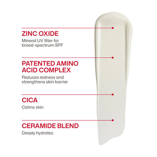 EltaMD UV Skin Recovery SPF 50 formula ingredients including zinc oxide, amino acid complex, cica, and ceramide blend for sensitive skin