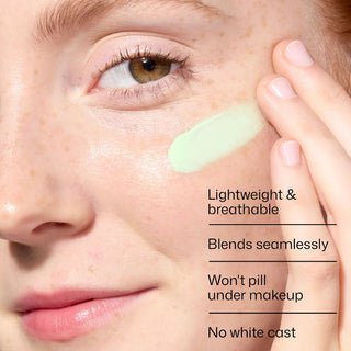 EltaMD UV Skin Recovery Green Tinted SPF 50 applied to face, lightweight, no white cast, blends under makeup