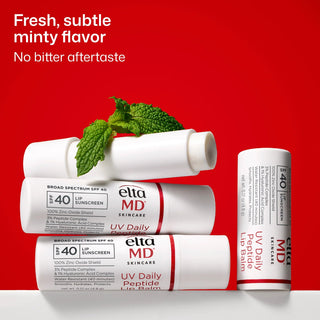 EltaMD UV Daily Peptide Lip Balm SPF 40 with fresh minty flavor and no bitter aftertaste, zinc oxide lip sunscreen
