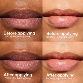 Before and after applying EltaMD UV Daily Peptide Lip Balm SPF 40 on diverse skin tones, smoother hydrated lips