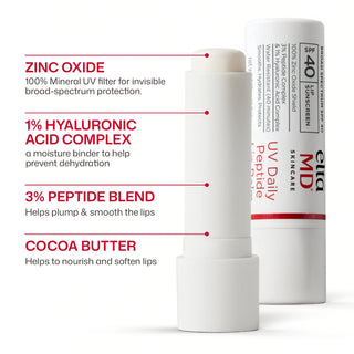 EltaMD UV Daily Peptide Lip Balm SPF 40 ingredients: zinc oxide, hyaluronic acid complex, peptide blend, cocoa butter