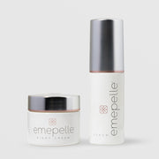 Emepelle Estrogen-Deficient Skin Set – Night Cream in white jar with silver lid and Serum in white pump bottle with silver cap