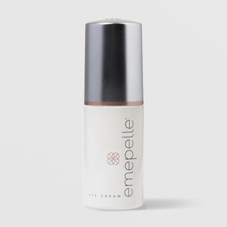 Emepelle Eye Cream for estrogen-deficient skin – white airless pump bottle with silver cap and rose gold accent band