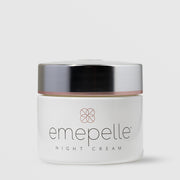 Emepelle Night Cream for estrogen-deficient skin – white jar with silver lid and rose gold accent band