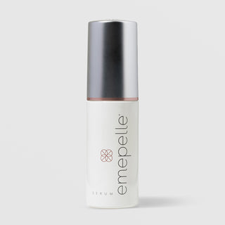 Emepelle Serum for estrogen-deficient skin – white airless pump bottle with silver cap and rose gold accent band