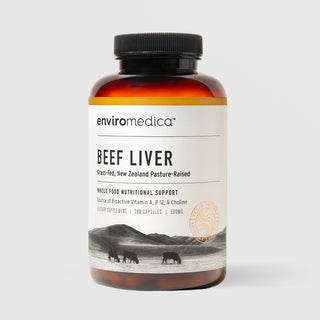 Enviromedica Beef Liver grass-fed New Zealand pasture-raised dietary supplement, 180 capsules 500mg, whole food source of bioactive Vitamin A, B-12, and Choline