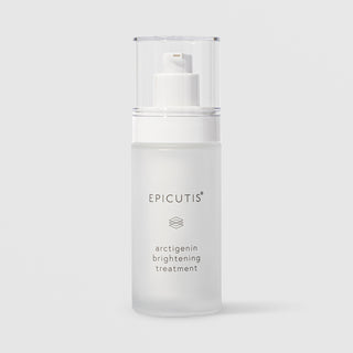 Epicutis Arctigenin Brightening Treatment in a frosted glass airless pump bottle with clear cap on a light gray background