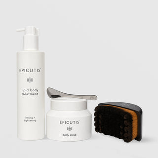 Epicutis Bodycare Simplified: Lipid Body Treatment, Body Scrub with spatula on lid and lymphatic brush beside it
