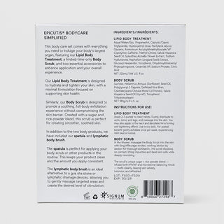 Back of Epicutis Bodycare Simplified Box Set listing ingredients and directions for Lipid Body Treatment and Body Scrub