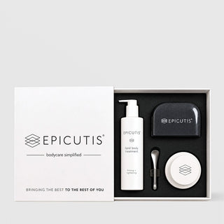 Open Epicutis Bodycare Simplified Box Set gift box with Lipid Body Treatment, Body Scrub, lymphatic brush and spatula