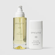 Epicutis Cleansing Essentials Set featuring Oil Cleanser in hinoki wood scent in a clear glass pump bottle and Enzyme Exfoliating Powder in a white bottle, on a light gray background