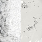 Close-up split texture shot of Epicutis Cleansing Essentials Set showing fine white enzyme exfoliating powder on the left and clear oil cleanser with bubbles on the right
