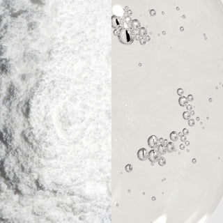 Close-up split texture shot of Epicutis Cleansing Essentials Set showing fine white enzyme exfoliating powder on the left and clear oil cleanser with bubbles on the right
