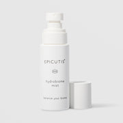 Epicutis Hydrobiome Mist balance your biome facial mist in a minimalist white spray bottle with cap removed, on a light gray background