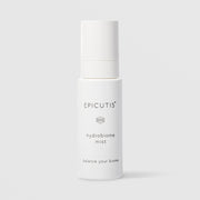 Epicutis Hydrobiome Mist balance your biome facial mist in a minimalist white spray bottle with cap on, on a light gray background