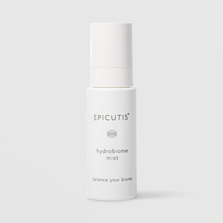 Epicutis Hydrobiome Mist balance your biome facial mist in a minimalist white spray bottle with cap on, on a light gray background