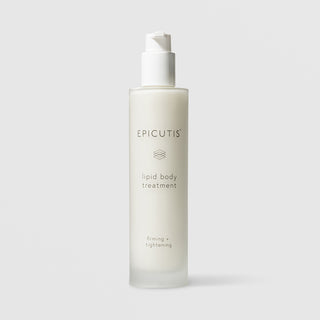 Epicutis Lipid Body Treatment firming and tightening body lotion in a frosted glass pump bottle on a light gray background