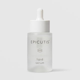 Epicutis Lipid Serum in a frosted glass dropper bottle on a light gray background