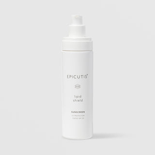 Epicutis Lipid Shield Tinted SPF 30 sunscreen with UV protection in a minimalist white pump bottle on a light gray background