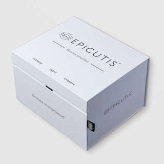 Closed white Epicutis Skincare Simplified gift box printed with Cleanse, Treat, Hydrate