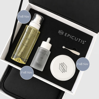 Open Epicutis Skincare Simplified Box Set with full-size Hinoki Oil Cleanser, Lipid Serum, Hyvia Crème and spatula